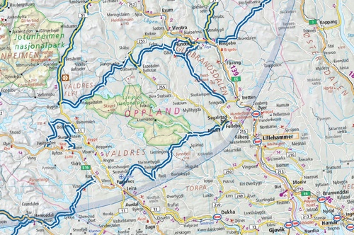 UTSNITT: Eksempel fra kartet. Europaveiene er vanlige, sideveiene med vakkert utsyn gjort tydelige.