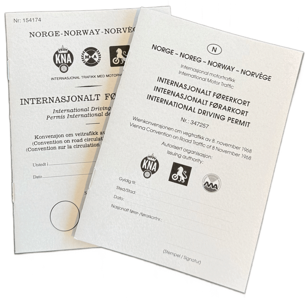 1-årig internasjonalt førerkort (Genève 1949) og 3-årig internasjonalt førerkort (Wien 1968) utstedt av KNA